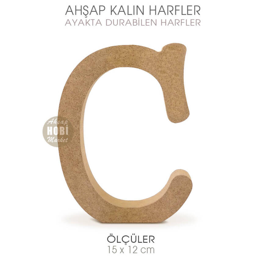 Ayakta Durabilen Kalın C Harfi (15x12 cm) Ham Ahşap - 2