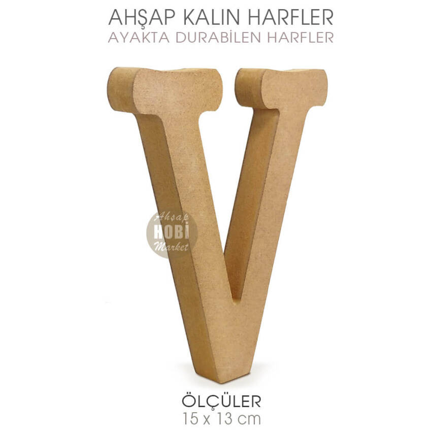 Ayakta Durabilen Kalın V Harfi (15x13 cm) Ham Ahşap - 1