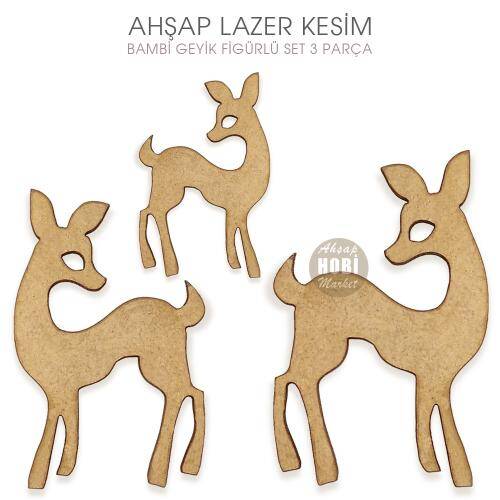 Bambi Geyik Figürlü Ahşap Süsler (3 Parça) Lazer Kesim - 1