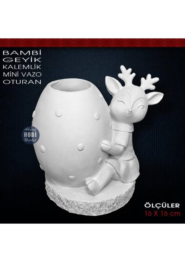 Bambi Geyik Kalemlik Vazo Oturan (16x16 cm) Ham Polyester - 1