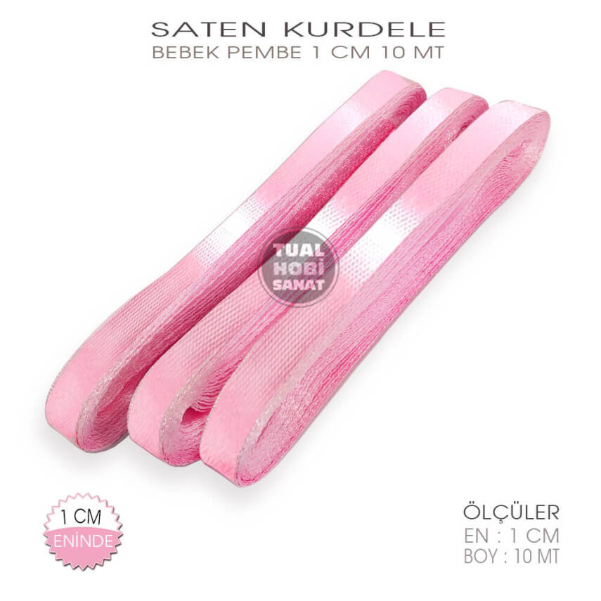 Bebek Pembe Saten Kurdele (Genişlik 1 cm) 10 Metre - 1