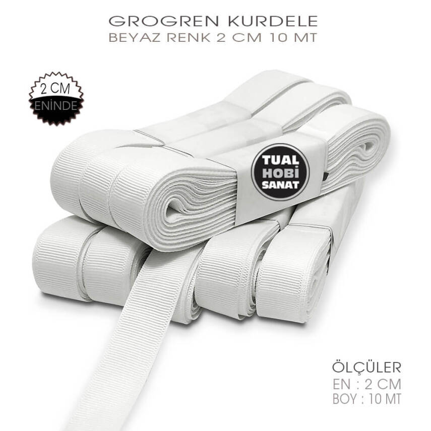 Beyaz Renkli Grogren Kurdele (Genişlik 2 cm) 10 Metre - 1