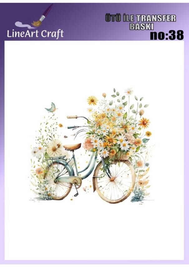 Bisiklet ve Çiçek Desenli Kumaş Transfer Kağıdı LNT-K038 (20x20 cm) - 1