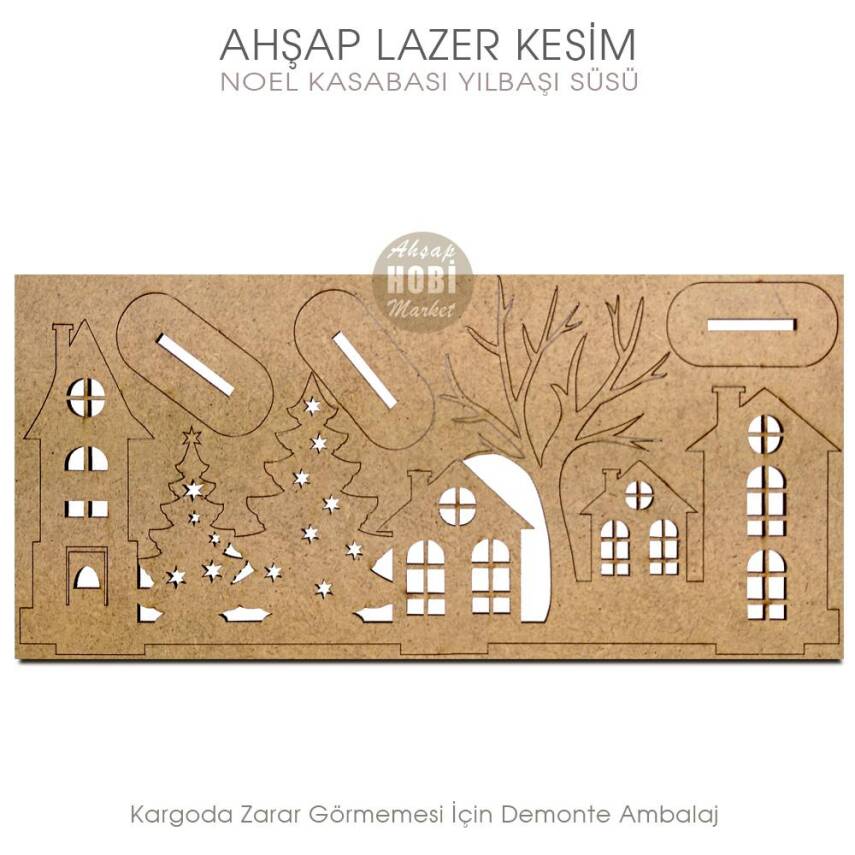 Boyutlu Yılbaşı Kasabası Dekor (24x11 cm) Ahşap Lazer Kesim - 2