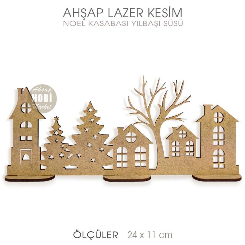 Boyutlu Yılbaşı Kasabası Dekor (24x11 cm) Ahşap Lazer Kesim - 1