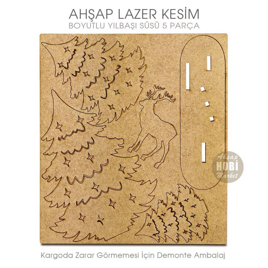 Boyutlu Yılbaşı Süsü Geyikli Ağaçlı (15x14 cm) Ahşap Lazer Kesim - 2