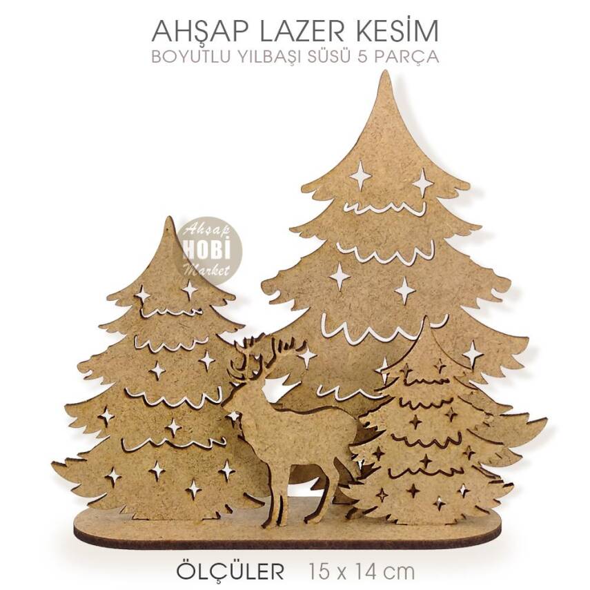 Boyutlu Yılbaşı Süsü Geyikli Ağaçlı (15x14 cm) Ahşap Lazer Kesim - 1