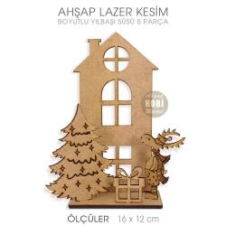 Boyutlu Yılbaşı Süsü Geyikli Evli (16x12 cm) Ahşap Lazer Kesim - Tual Hobi Craft İst