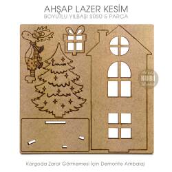 Boyutlu Yılbaşı Süsü Geyikli Evli (16x12 cm) Ahşap Lazer Kesim - Tual Hobi Craft İst (1)
