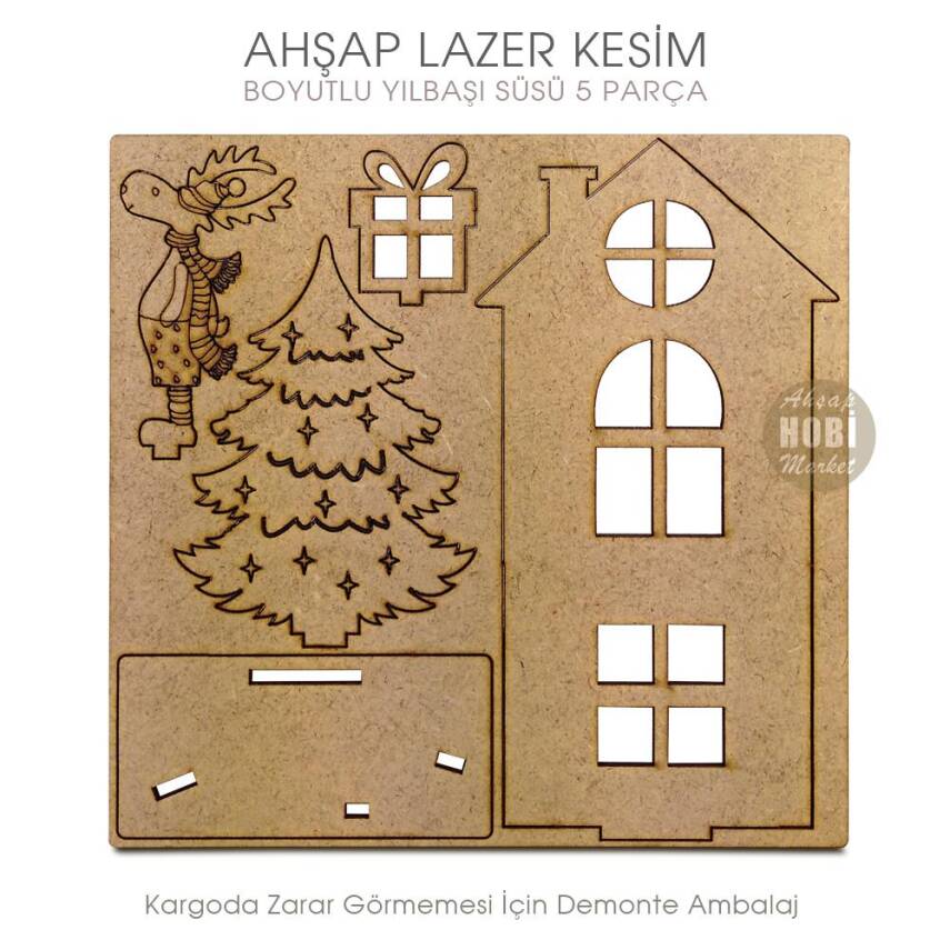 Boyutlu Yılbaşı Süsü Geyikli Evli (16x12 cm) Ahşap Lazer Kesim - 2