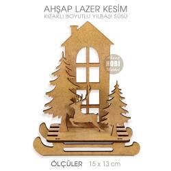Boyutlu Yılbaşı Süsü Kızaklı Çamlı (15x13 cm) Ahşap Lazer Kesim - Tual Hobi Craft İst