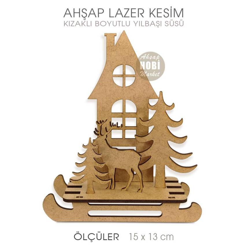 Boyutlu Yılbaşı Süsü Kızaklı Evli (15x13 cm) Ahşap Lazer Kesim - 1