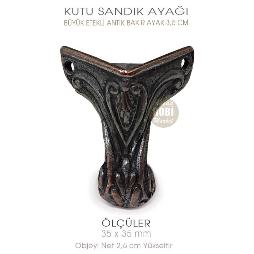 Büyük Köşe Etekli Kutu Sandık Ayak (35x35 mm) Antik Bakır - 1
