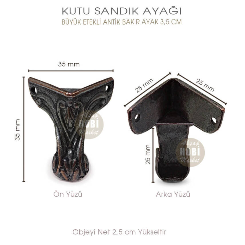 Büyük Köşe Etekli Kutu Sandık Ayak (35x35 mm) Antik Bakır - 2