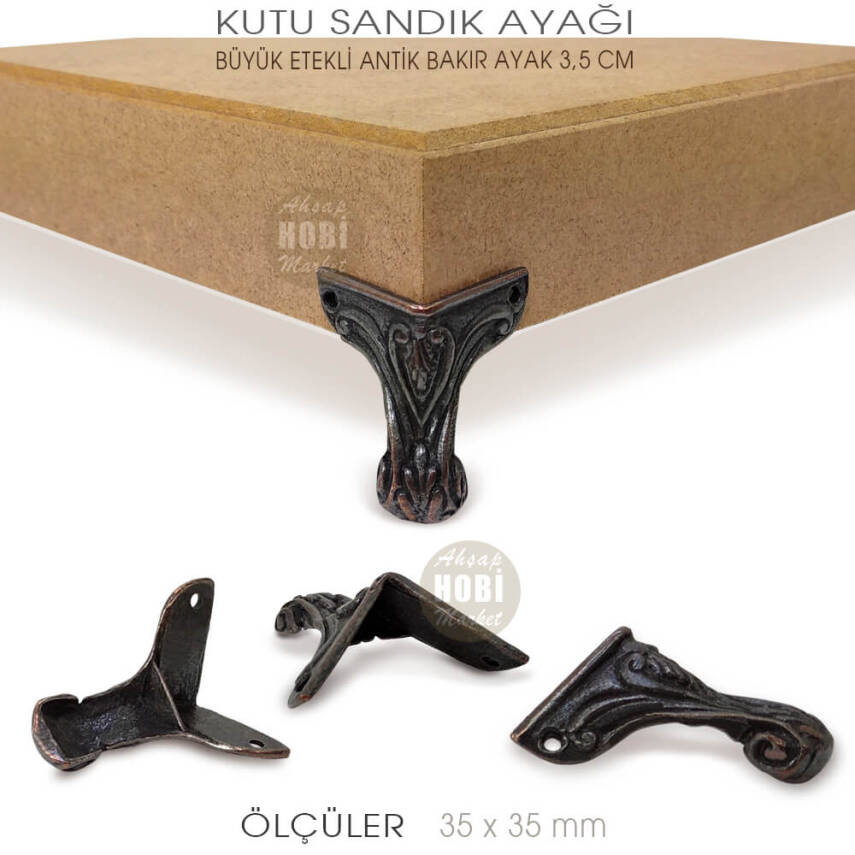 Büyük Köşe Etekli Kutu Sandık Ayak (35x35 mm) Antik Bakır - 3