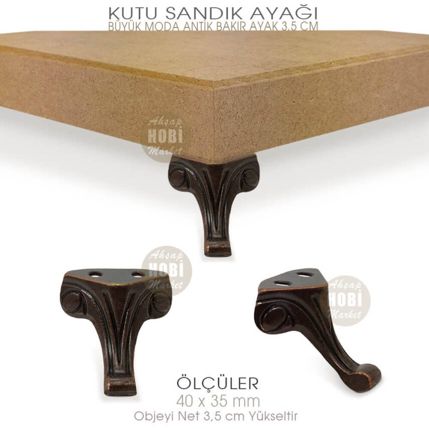 Büyük Kutu Sandık Ayağı Moda Model (40x35 mm) Antik Bakır - 4