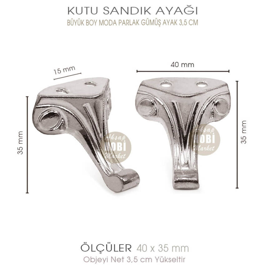 Büyük Kutu Sandık Ayağı Moda Model (40x35 mm) Parlak Gümüş - 2