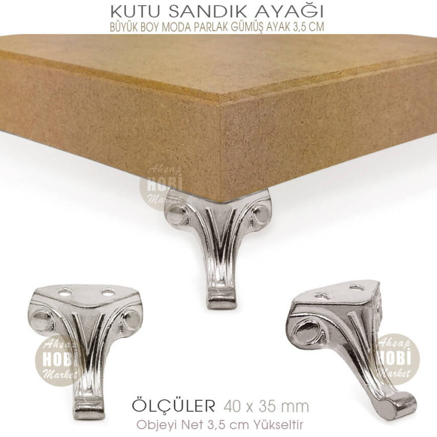 Büyük Kutu Sandık Ayağı Moda Model (40x35 mm) Parlak Gümüş - 4
