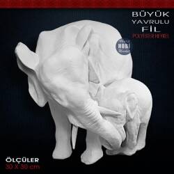 Büyük Yavrulu Fil Heykeli (30x30 cm) Ham Polyester - Tual Hobi Sanat (1)