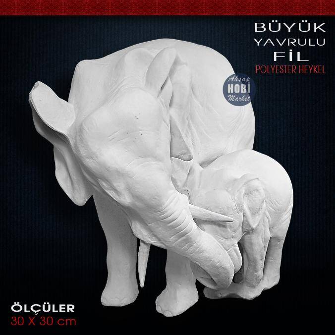 Büyük Yavrulu Fil Heykeli (30x30 cm) Ham Polyester - 2