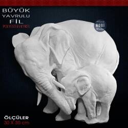 Büyük Yavrulu Fil Heykeli (30x30 cm) Ham Polyester - Tual Hobi Sanat
