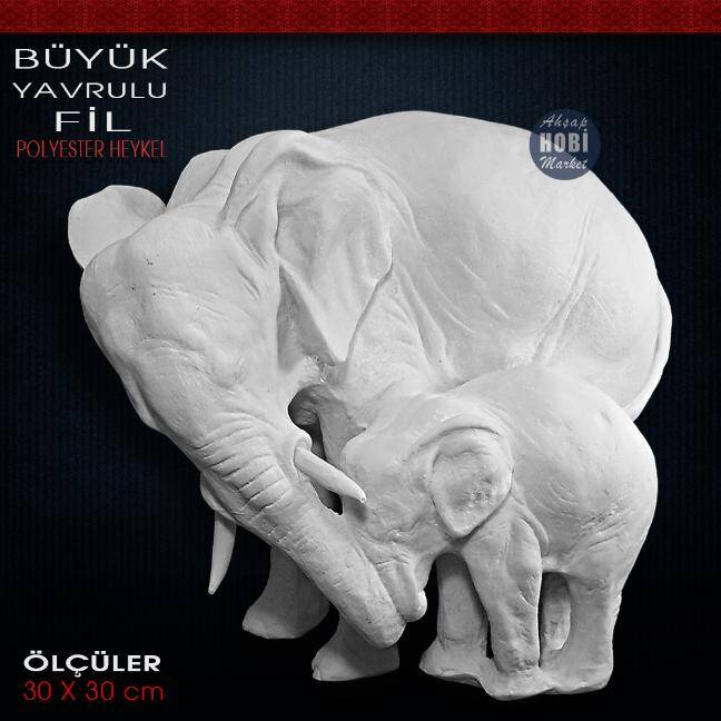 Büyük Yavrulu Fil Heykeli (30x30 cm) Ham Polyester - 1