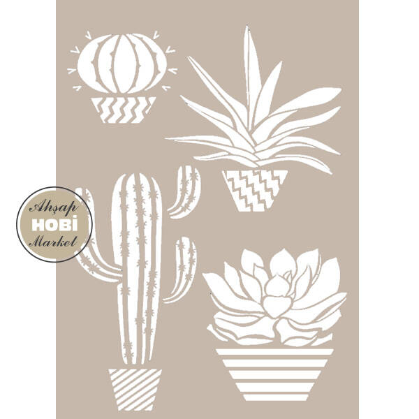 Cadence Karışık Kaktüs Desenli Stencil Şablon AS597 - 1