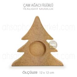 Çam Ağacı Figürlü Tealight Mumluk (12x12 cm) Ham Ahşap - Tual Hobi Craft İst