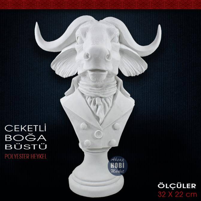 Ceketli Boğa Büstü Heykeli (32x22 cm) Ham Polyester - 1