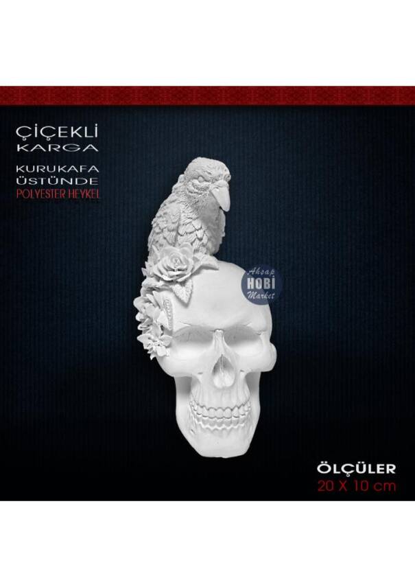 Çiçekli Karga Biblo Kafatası Üzerinde (20x10cm) Ham Polyester - 1