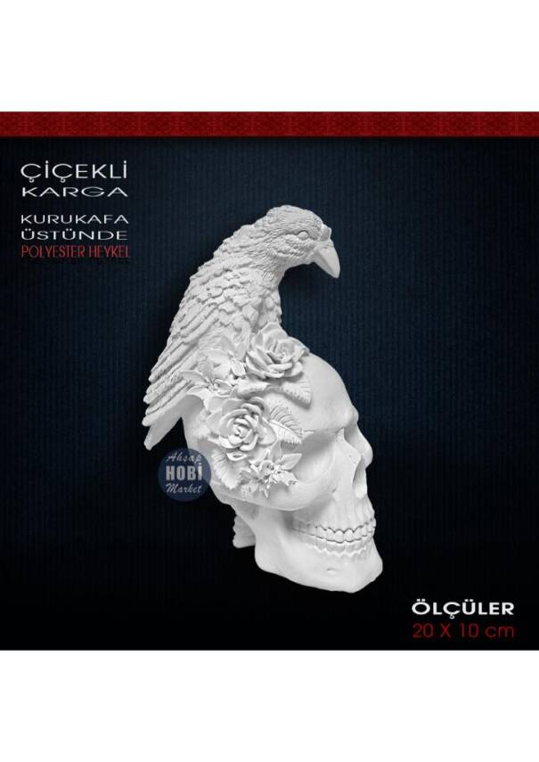 Çiçekli Karga Biblo Kafatası Üzerinde (20x10cm) Ham Polyester - 2