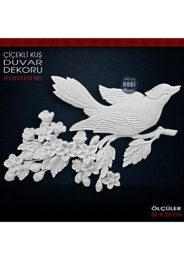 Çiçekli Kuş Duvar Dekoru (36x23 cm) Ham Polyester - 1