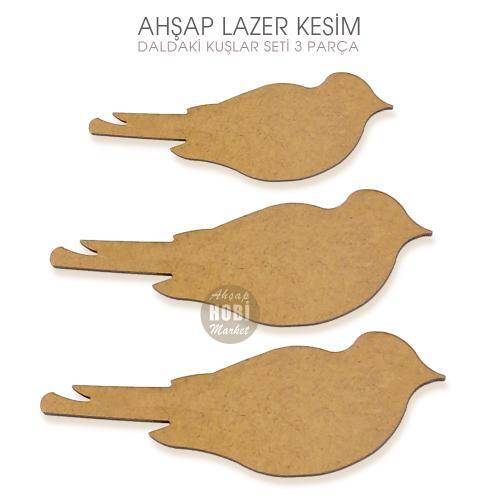 Daldaki Kuşlar 3'lü Kuş Figürleri Seti Lazer Kesim Ahşap - 1