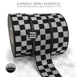 Damalı Siyah Gümüş Simli Dokuma Kurdele (Genişlik 3 cm) 1 Metre - Tual Hobi Sanat