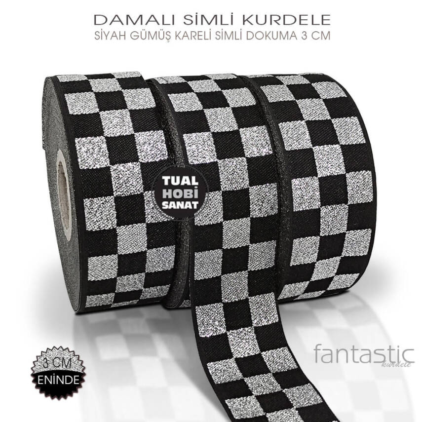 Damalı Siyah Gümüş Simli Dokuma Kurdele (Genişlik 3 cm) 1 Metre - 1