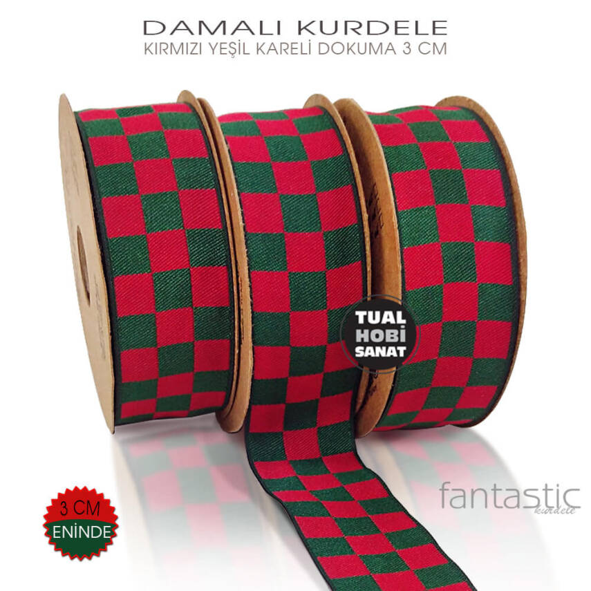 Damalı Kırmızı Yeşil Dokuma Kurdele (Genişlik 3 cm) 1 Metre - 1