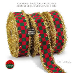 Damalı Kırmızı Yeşil Gold Saçaklı Kurdele (Genişlik 3 cm) 1 Metre - Tual Hobi Sanat