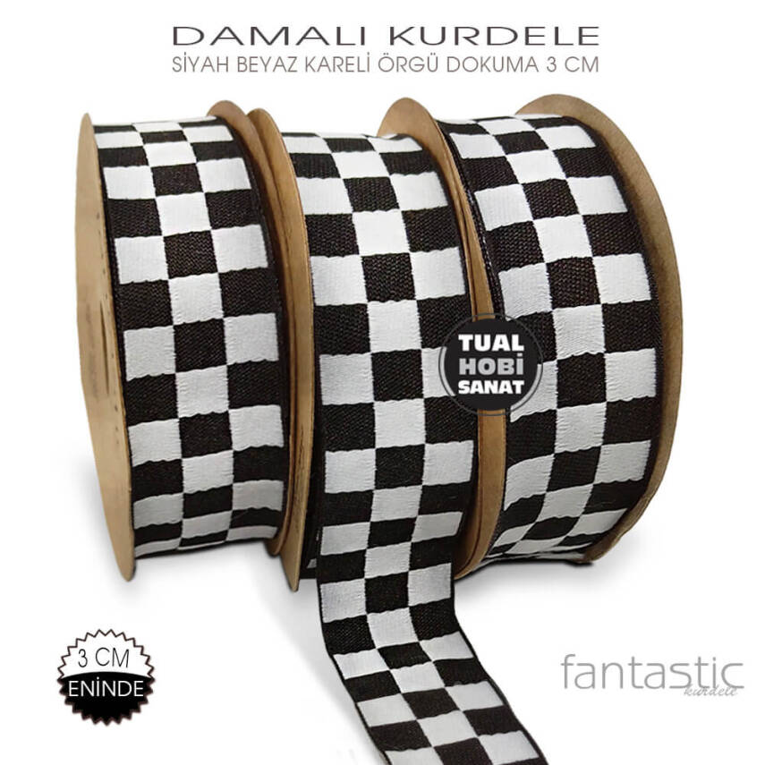 Damalı Siyah Beyaz Dokuma Kurdele (Genişlik 3 cm) 1 Metre - 1
