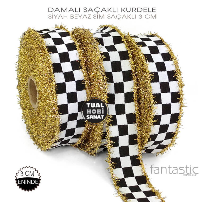 Damalı Siyah Beyaz Gold Saçaklı Kurdele (Genişlik 3 cm) 1 Metre - 1