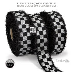 Damalı Siyah Gümüş Simli Siyah Saçaklı Kurdele (Genişlik 3 cm) 1 Metre - Tual Hobi Sanat