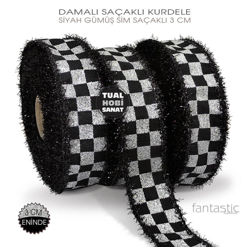 Damalı Siyah Gümüş Simli Siyah Saçaklı Kurdele (Genişlik 3 cm) 1 Metre - 1