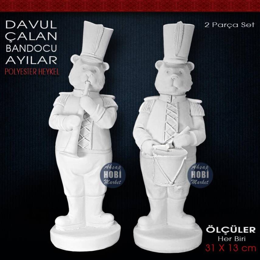 Davul Çalan Bandocu Ayı Biblo (31x13 cm) Ham Polyester - 2