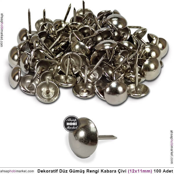 Dekoratif Kabara Çivi Düz Model 100 Adet (12x11 mm) Parlak Gümüş - 1