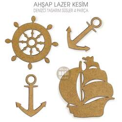 Denizci Tasarım Süs Seti (4 Parça) Doğal Ahşap Lazer Kesim - Tual Hobi Craft İst (1)