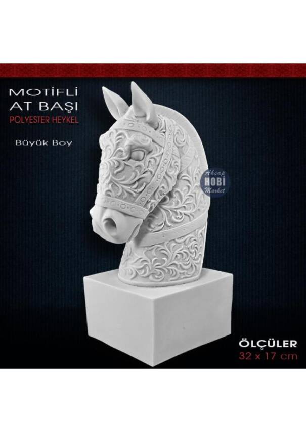 Desenli Motifli At Başı Heykeli (32x17 cm) Ham Polyester - 1