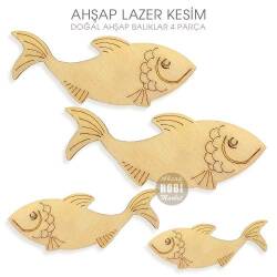Doğal Ahşap Balık Figürlü Süsler (4 Parça) Lazer Kesim - Tual Hobi Craft İst