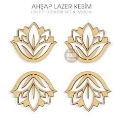 Doğal Ahşap Lale Figürlü Süsler (4 Parça) Lazer Kesim - Tual Hobi Craft İst (1)