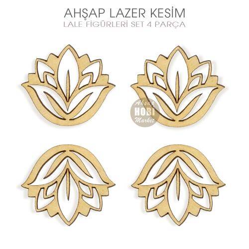 Doğal Ahşap Lale Figürlü Süsler (4 Parça) Lazer Kesim - 2