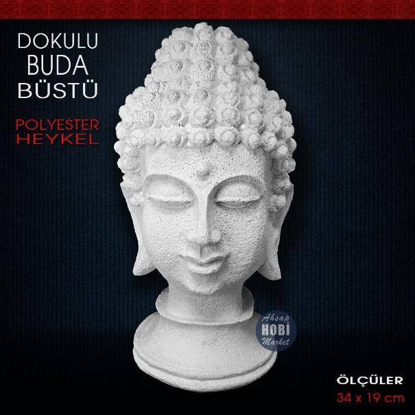Dokulu Buda Büstü Heykeli (34x19 cm) Ham Polyester - 2