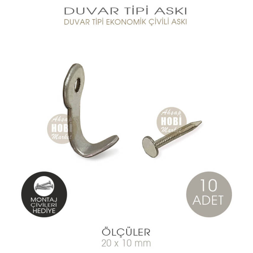 Duvar Tipi Küçük Askı 10 Adet (20x10 mm) Çivileri Hediye - 2